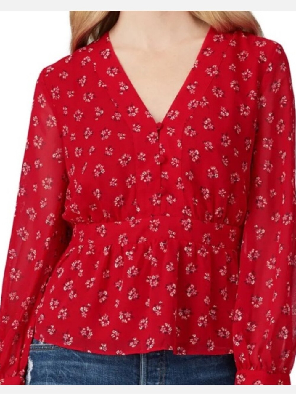 Madewell V-Neck Peplum Top in Little Lilies Size M Floral Red Retro Preppy EUC